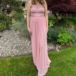 City Studio Pink Lace Jeweled and Embroidered Maxi Dress